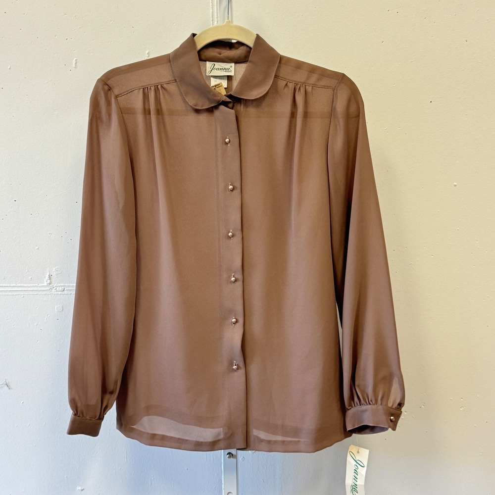 NWT Vintage Joanna Brown Taupe Sheer Button Up Blouse Peter Pan‎ Collar Size 8